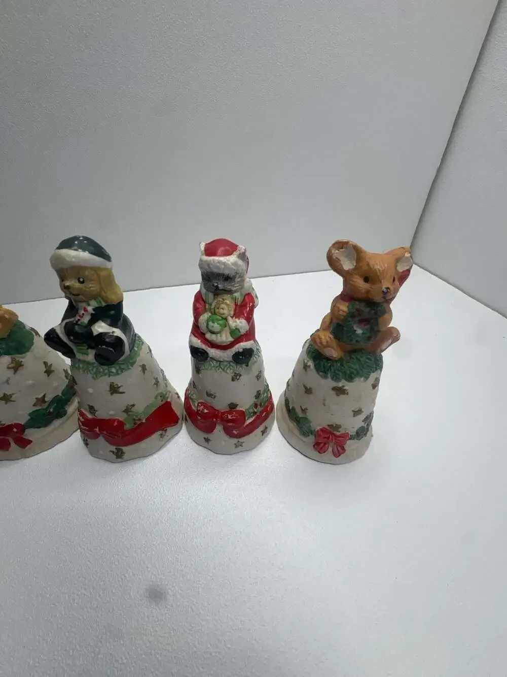 Set of 4 Vintage Christmas Animal Ceramic Decorative Figurines Bells